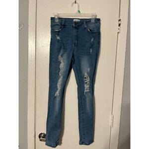 rue21 Womens Size 10 High Rise Distressed Skinny Jeans Medium Wash Ripped Denim